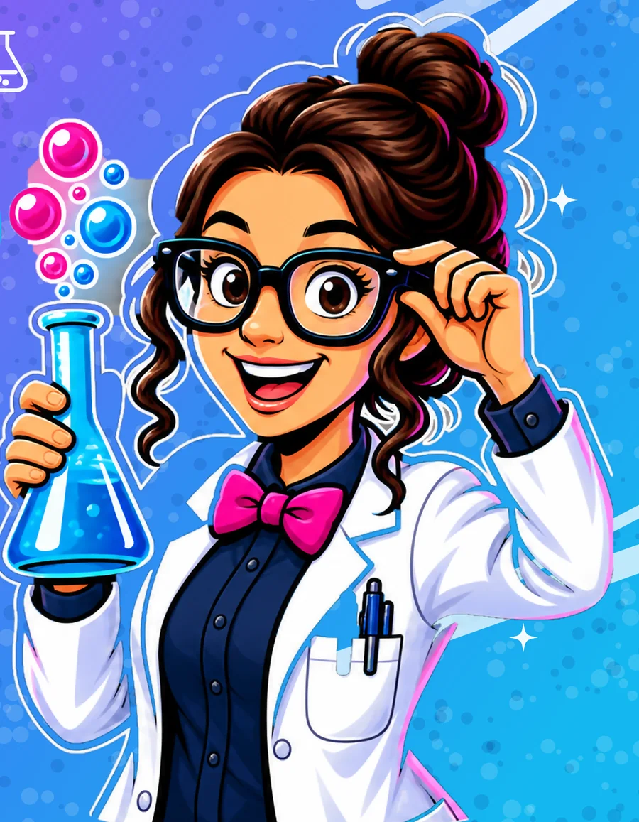 The Nerd Weed & Pest scientist mascot holding a flask of blue solution