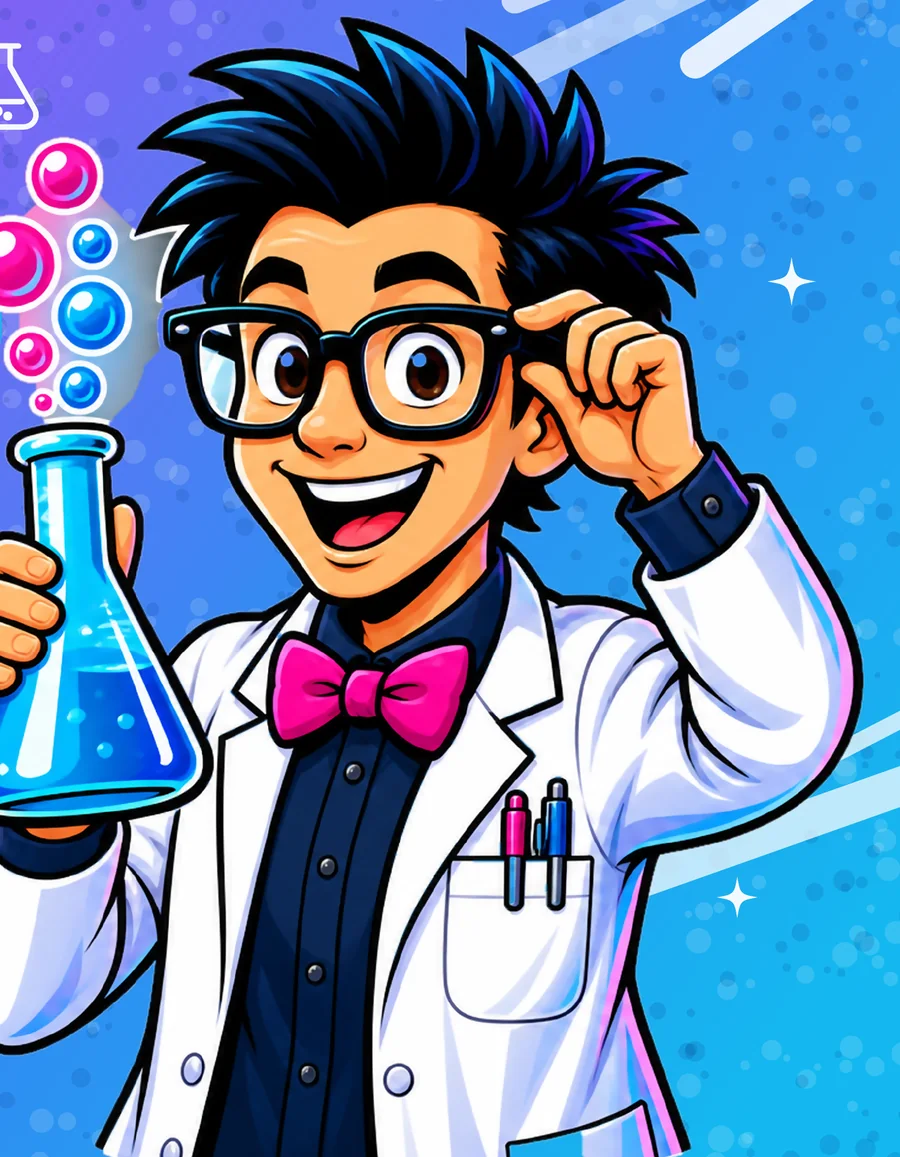 The Nerd Weed & Pest mascot in a lab coat holding a flask of blue solution